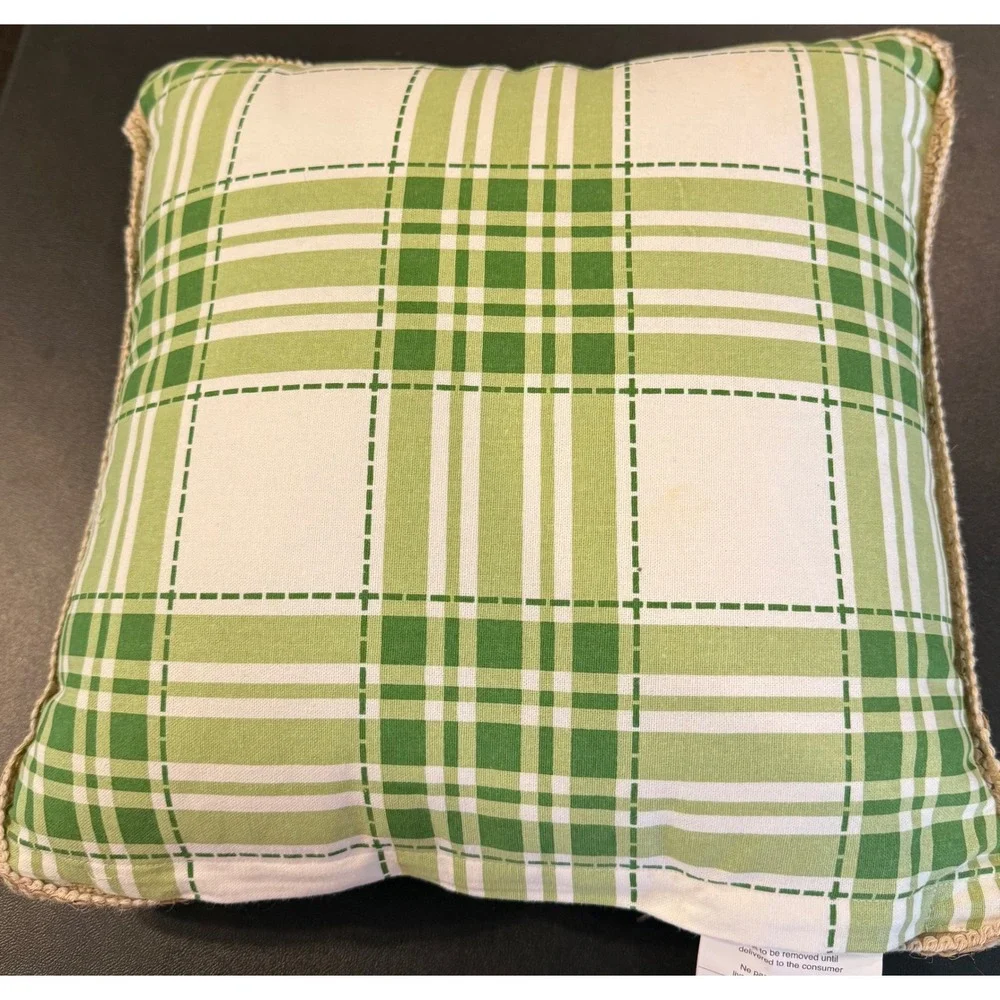 Pier 1 Imports Throw Pillow Green Embroidered Bunny Rabbit Plaid 14 x 14 Spring